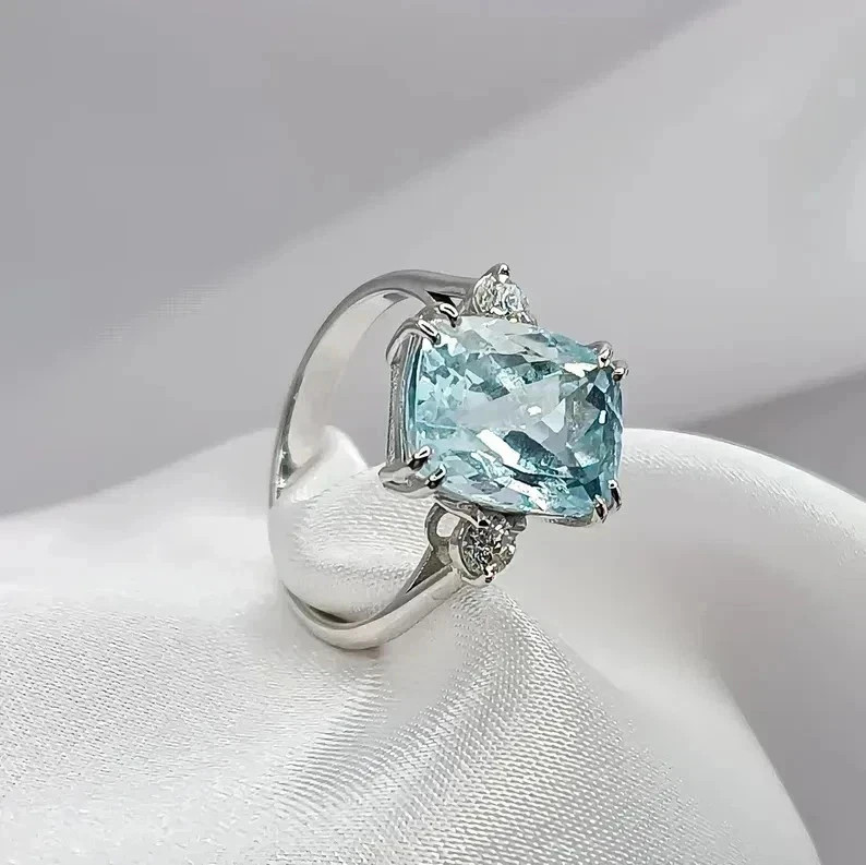 Cushion Cut 6.50 Ct Natural Aquamarine & Diamond Solid 14K White Gold Ring