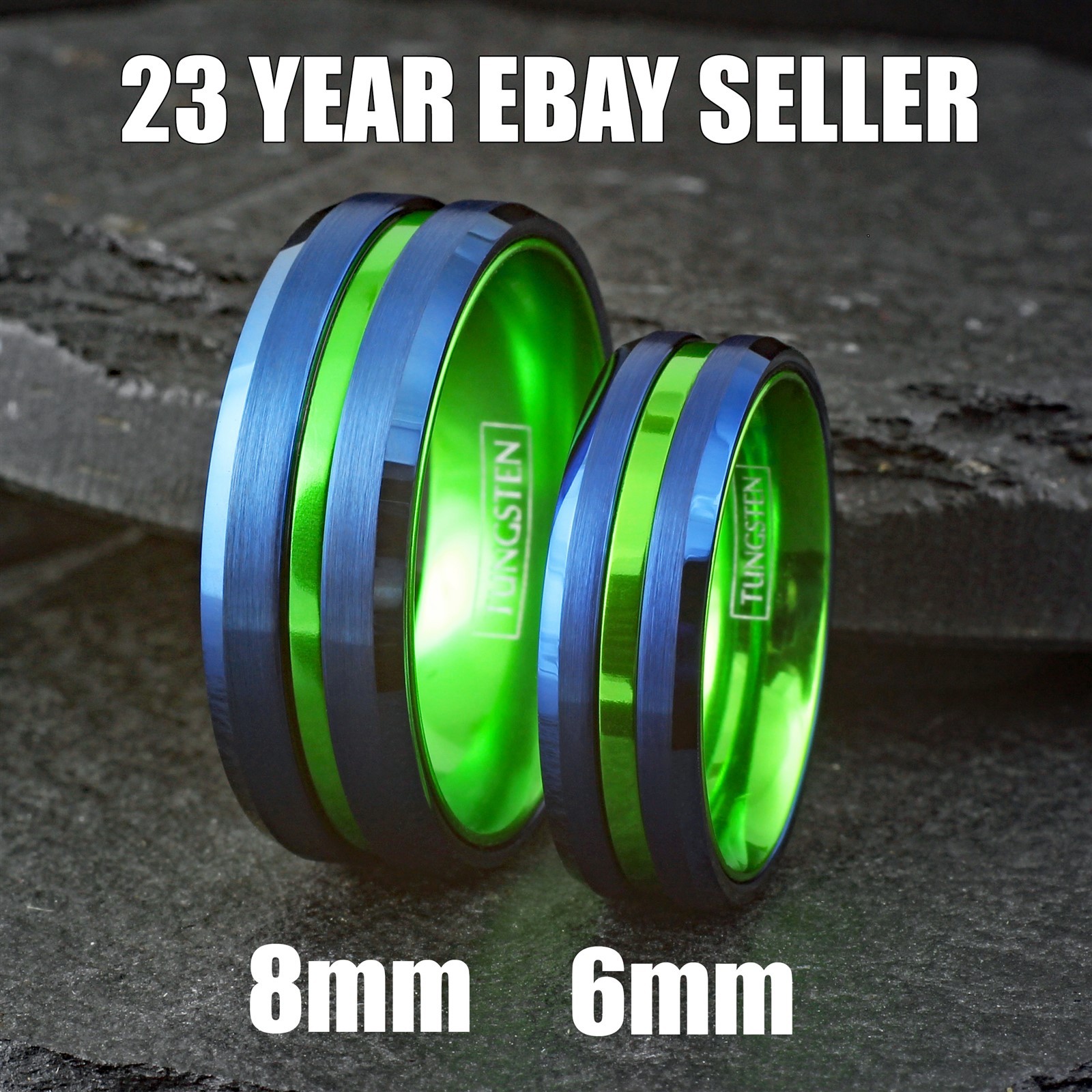 Custom Engraved Mens Blue Tungsten Carbide Green Stripe Band Ring-Seahawks Color