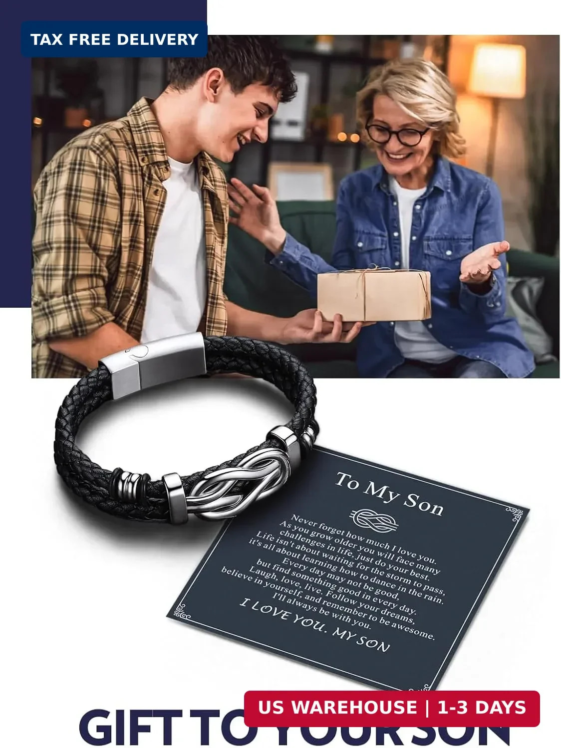 Infinity Love Knot Bracelet for Men Black Leather Love Link Cuff Bracele