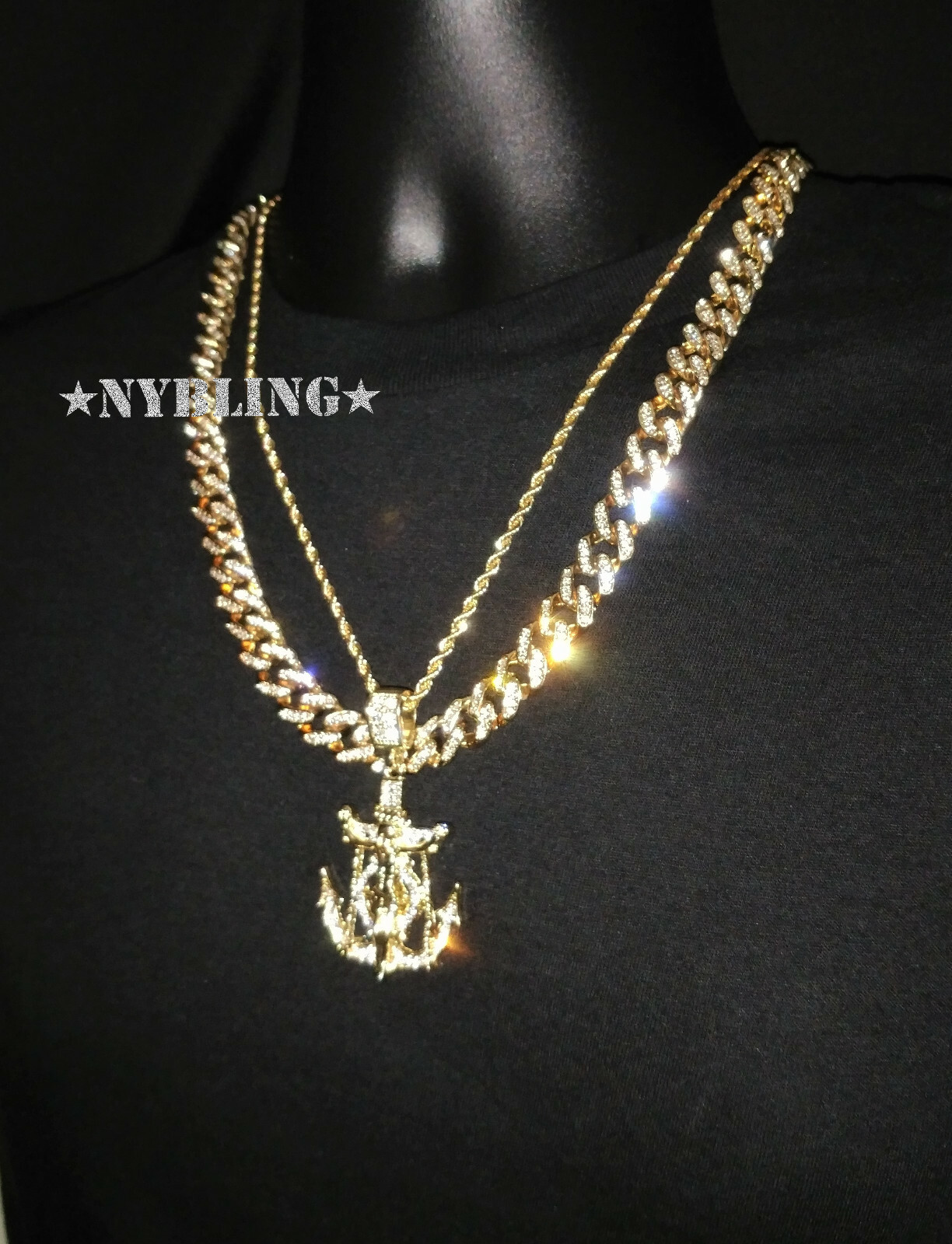 Miami Cuban Chain CZ Necklace, Rope Chain, Jesus Anchor Pendant Plated, 3PC Set