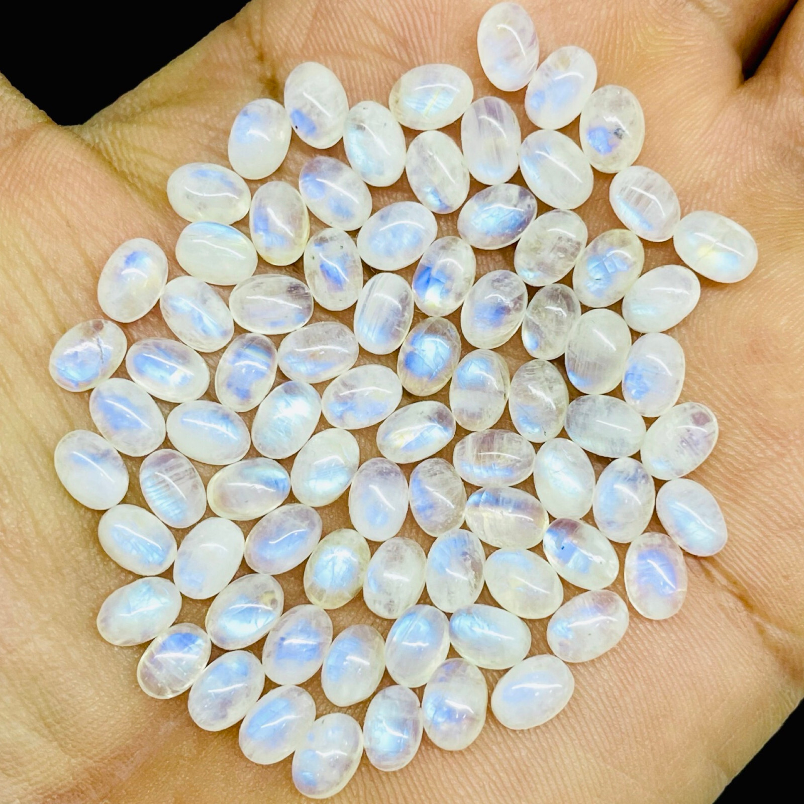 100 Pcs Natural Rainbow Moonstone 7x5mm Oval Loose Cabochon Gemstones Lot
