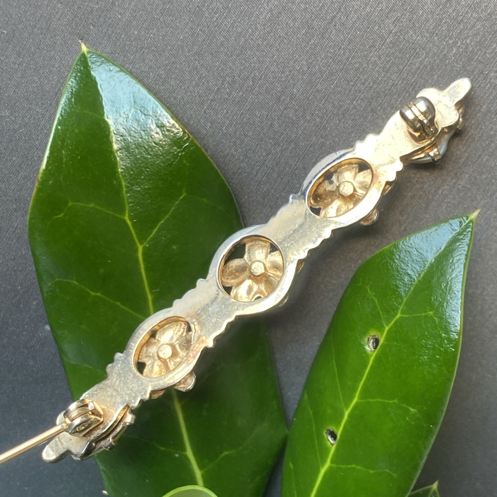 Vintage Pearl Bar Brooch Estate Fine Jewelry Pre-owned Sterling Silver Vermeil
