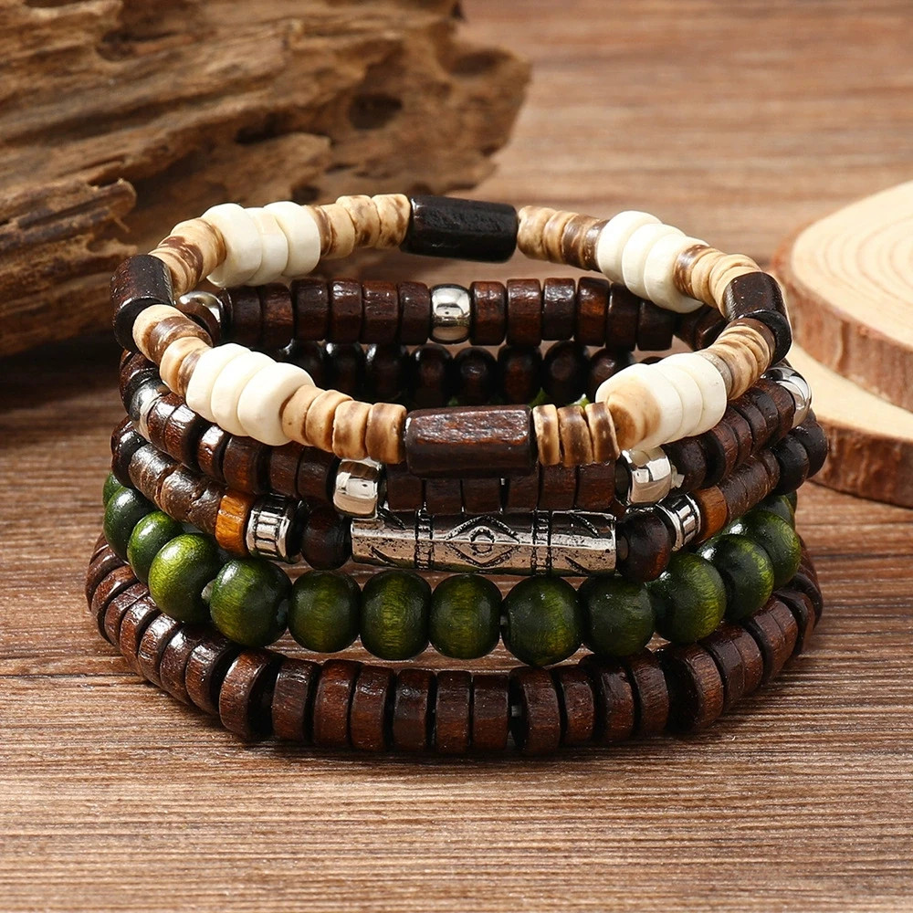 5PCS Wooden Bead Bracelet Set Elastic Retro Unisex Bangle Jewelry
