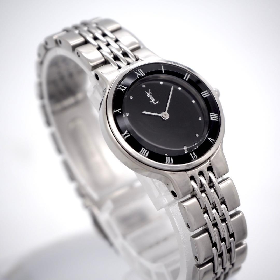 YSL Yves Saint Laurent Black Watch Cut Glass Roman Numerals Japan 0713685