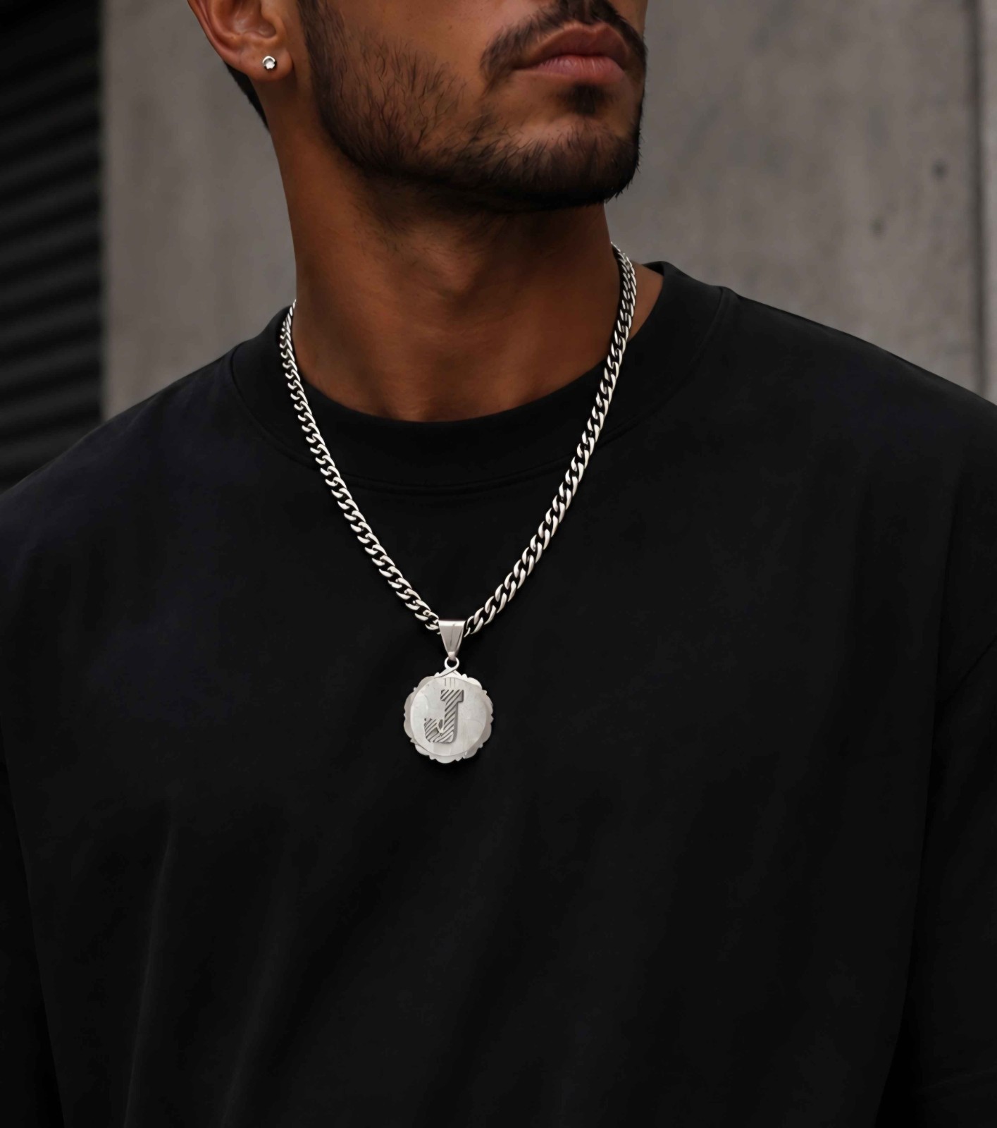 Silver Initial Necklace: 7mm Cuban Chain, 30mm Pendant, Lifetime Replacement