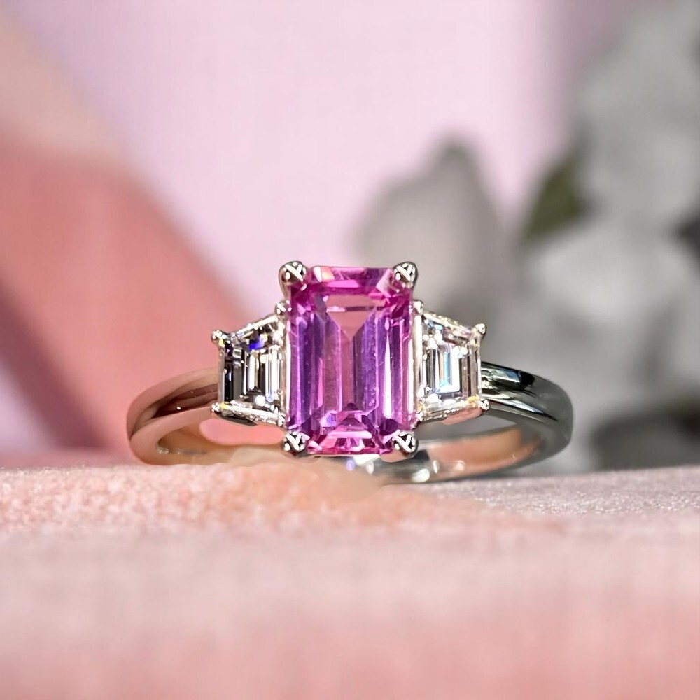 14K White Gold Wedding Ring Lab Created Pink Sapphire Diamond 2.80 Carat Emerald