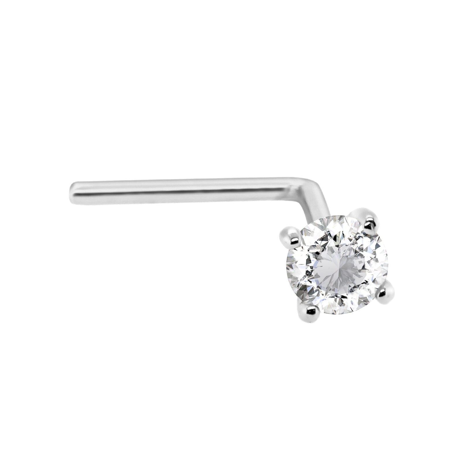 Solid 14kt Gold 22G L-Shape Stud White Diamond Gemstone L-Bend Nose Ring Stud
