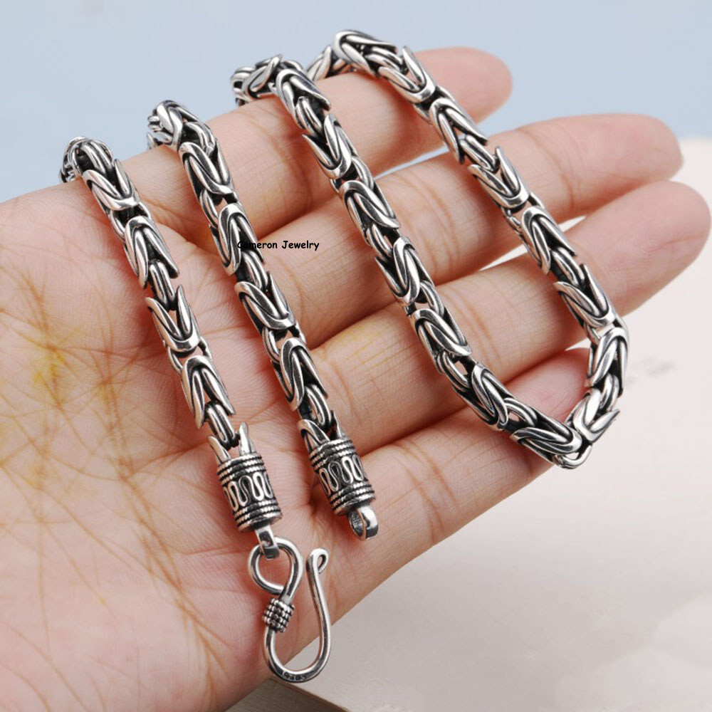 Pure S925 Sterling Silver Chain Men Women 4-7mm Byzantine Link Necklace 18-30in
