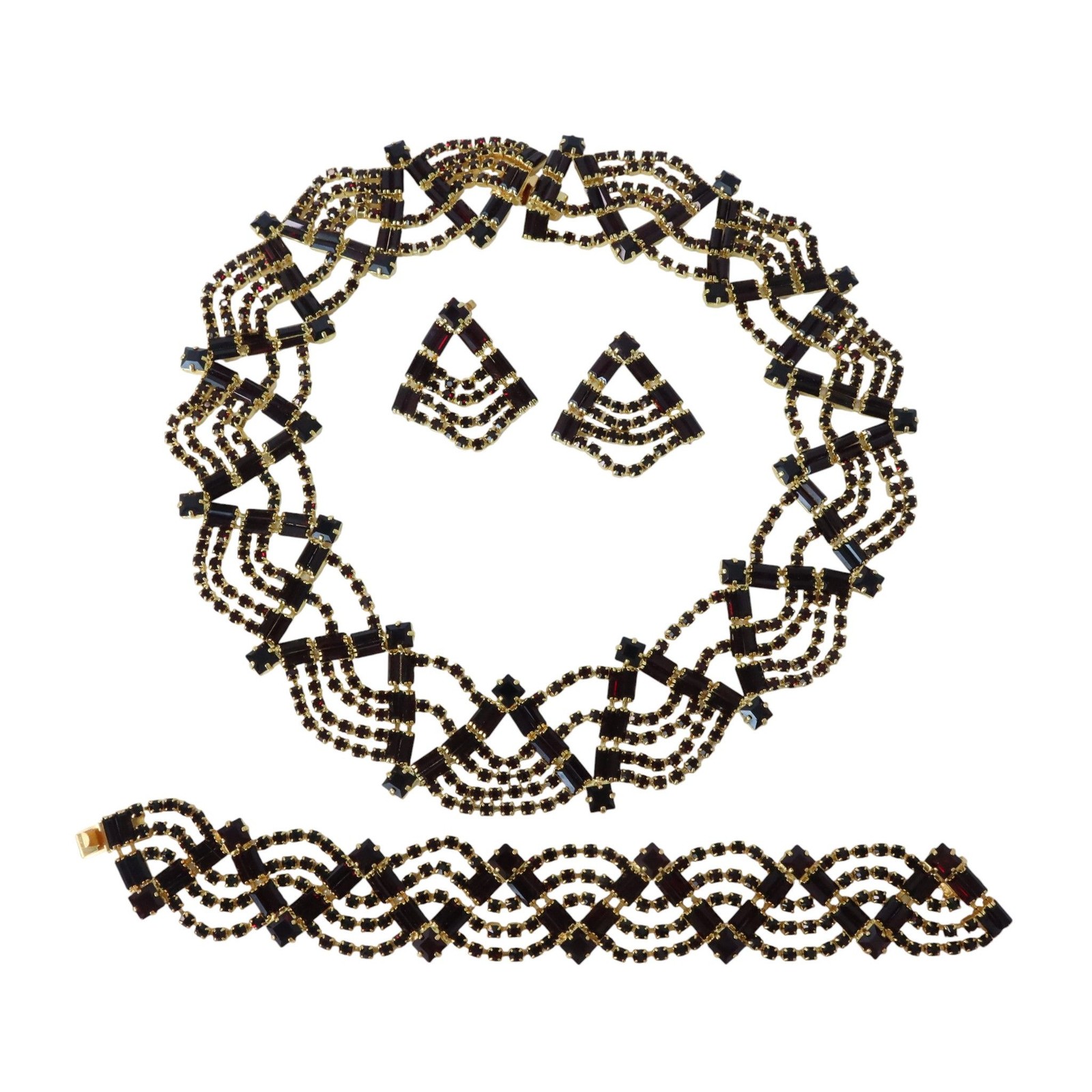 Vintage Czech Republic Garnet Glass Rhinestone Necklace Bracelet Earrings Set