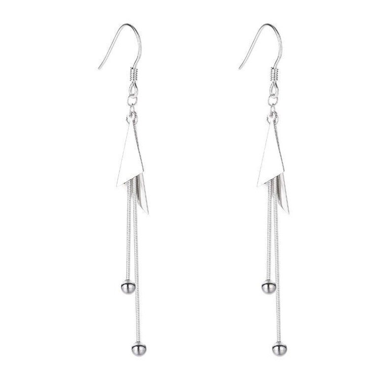 Women 925 Silver Tassel Ball Triangle Geometric Dangle Drop Hook Earrings J1