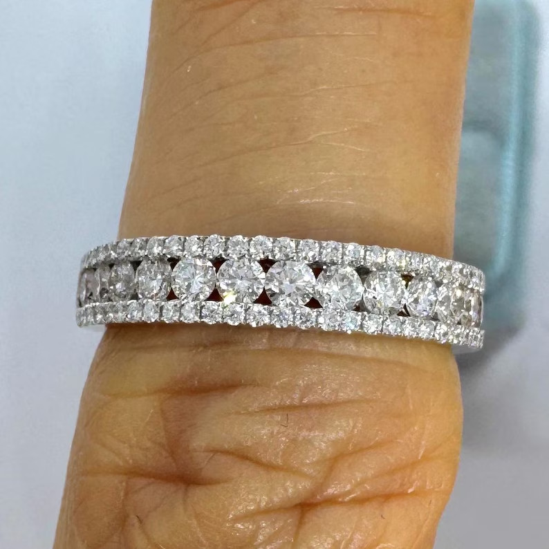 0.77Ct Round Cut Real Moissanite Anniversary Wedding Band 14K White Gold Plated