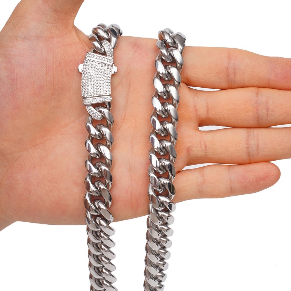 Men’s 8-14mm Stainless Steel Miami Cuban Link Chain Necklace Full Diamonds Lock