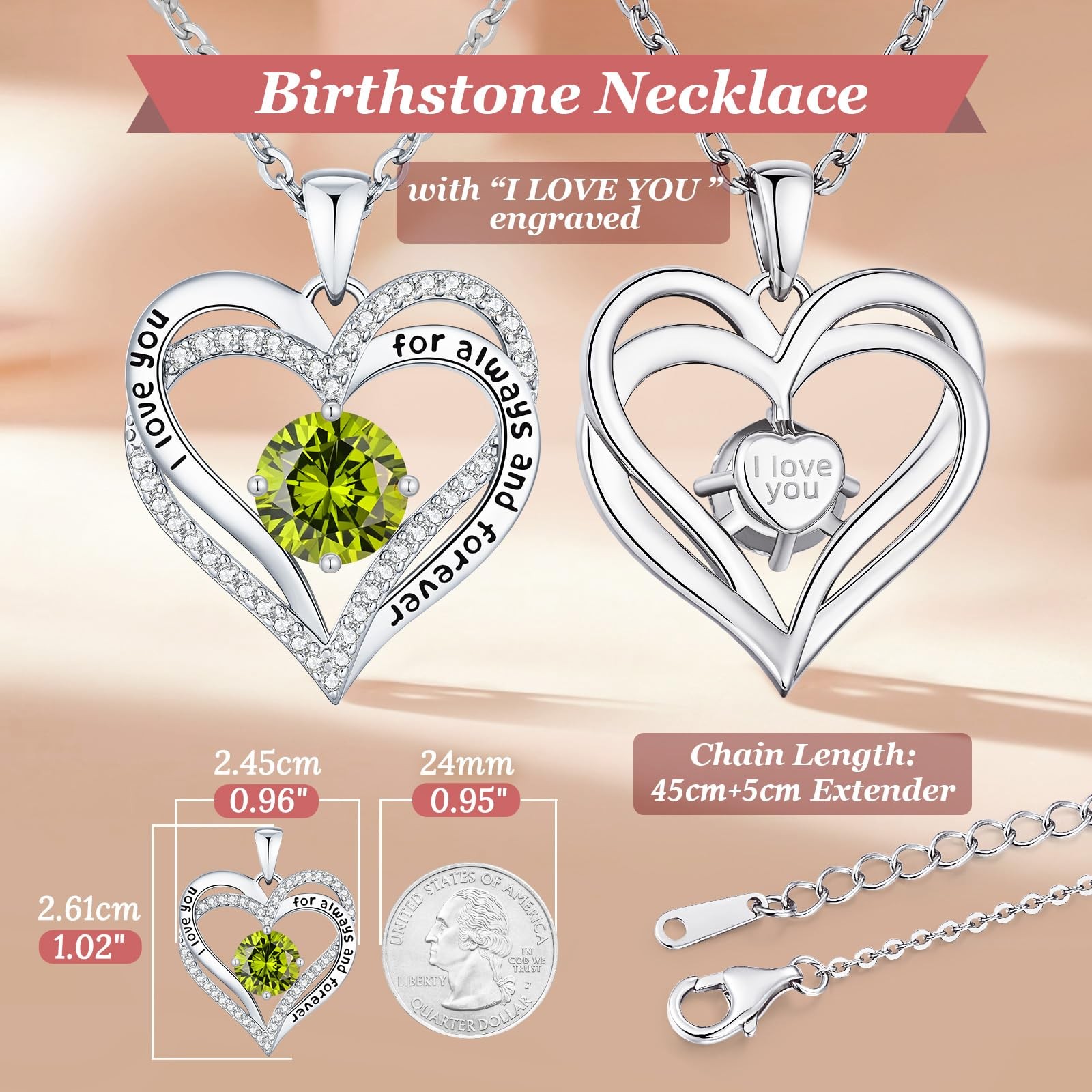 Engraved Forever Love Heart Birthstone Necklace Jewelry Gifts for Women