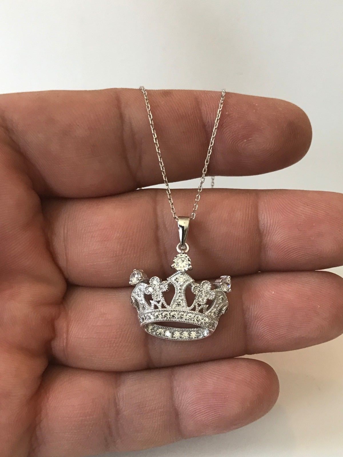 925 STERLING SILVER CROWN NECKLACE PENDANT W/ LAB ACCENTS/ SIZE 22MM BY 24MM