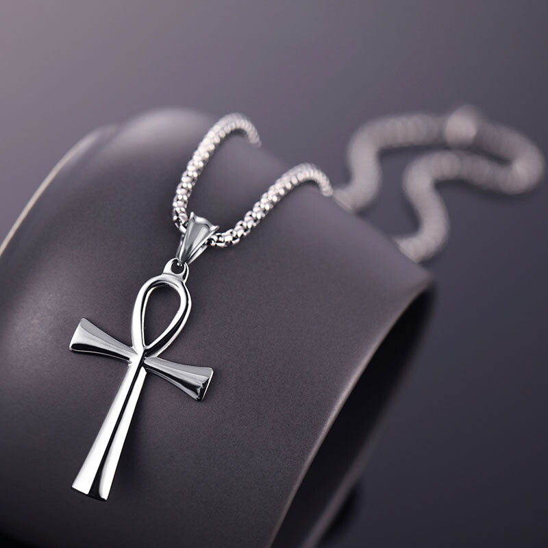 Men Women Cross Necklace Silver Stainless Steel Egyptian Ankh Pendant Chain Gift