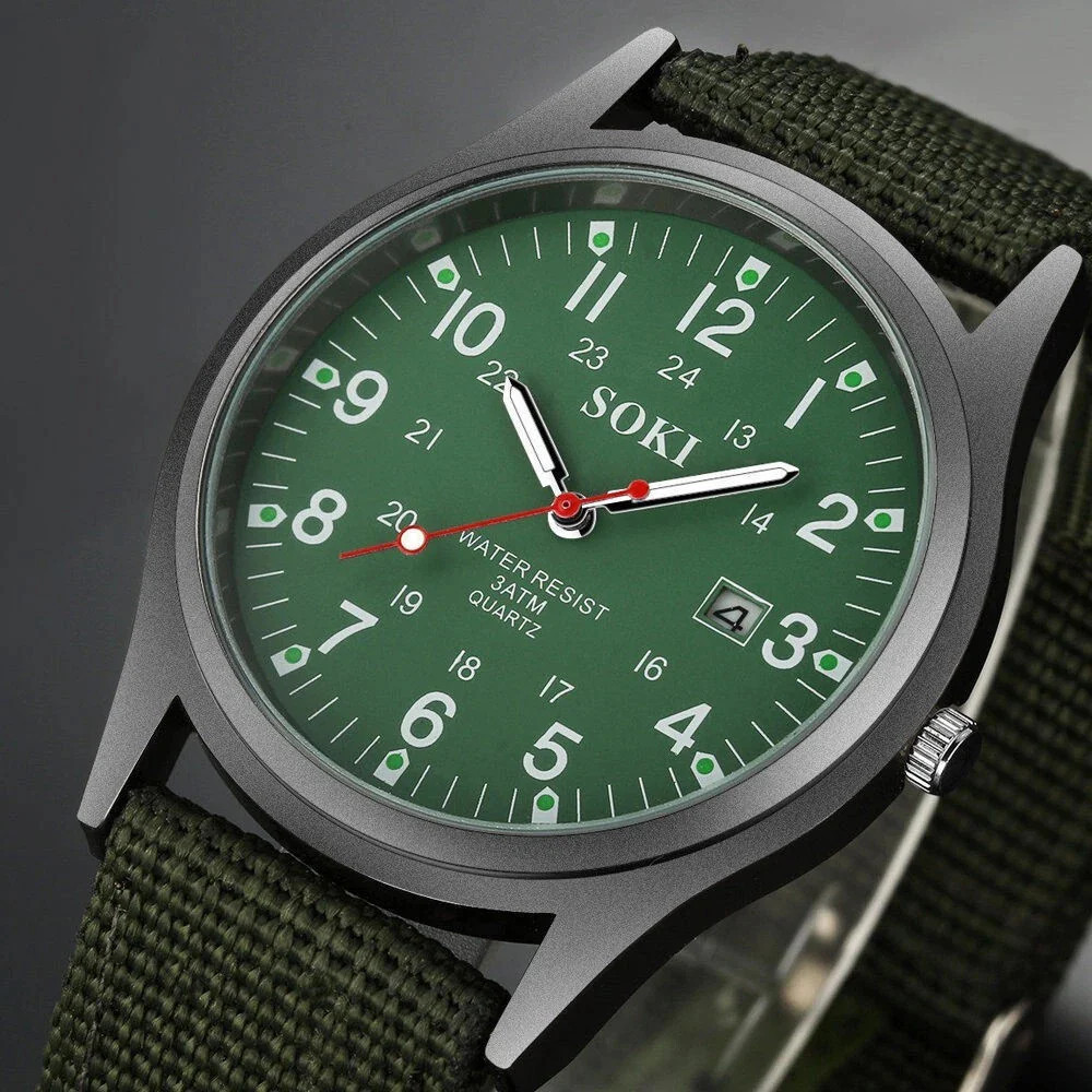 Men Army Luminous Quartz Watch Nylon Strap Date 24H Wrist Watch