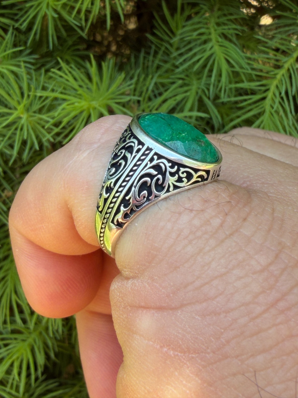 Real Columbian Green Emerald Stone Mens Solid 925 Silver Ring – Oxidized Vintage