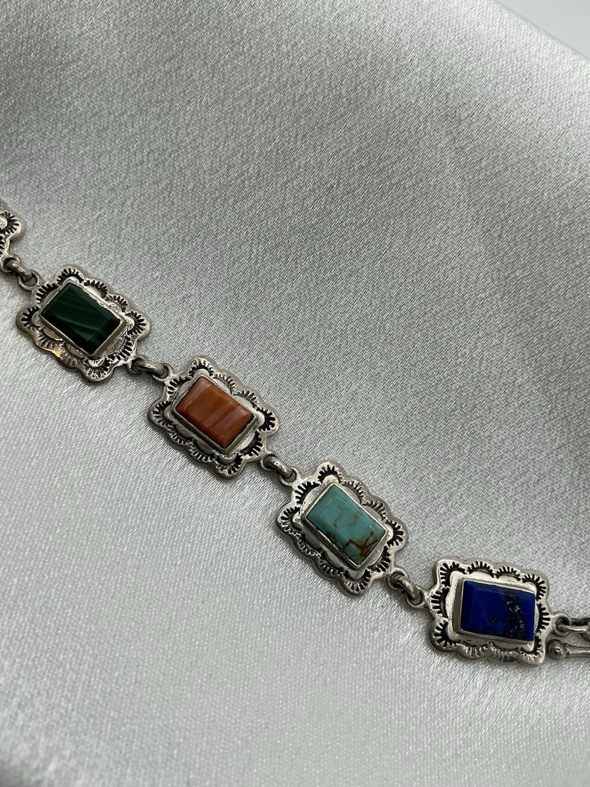 Thailand 925 Sterling Silver Link Bracelet w/ Multicolor Rectangle Stones Toggle