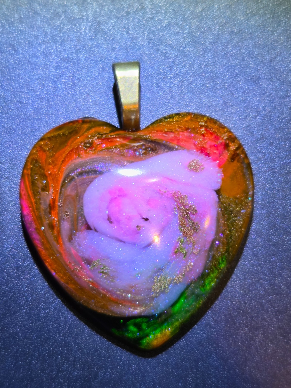 OOAK Nebula Petri Effect Resin Heart Pendant Pink Gold Green N102