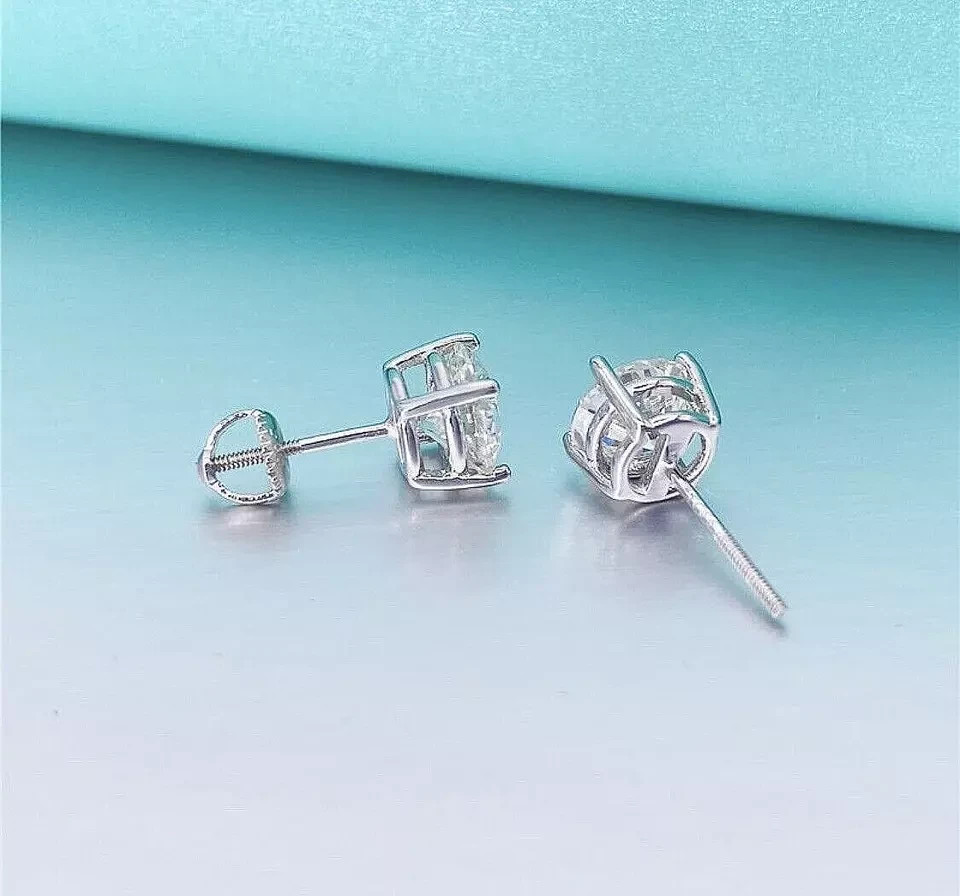2 Ct Round Cut Natural Moissanite Stud Earrings 14k White Gold Plated