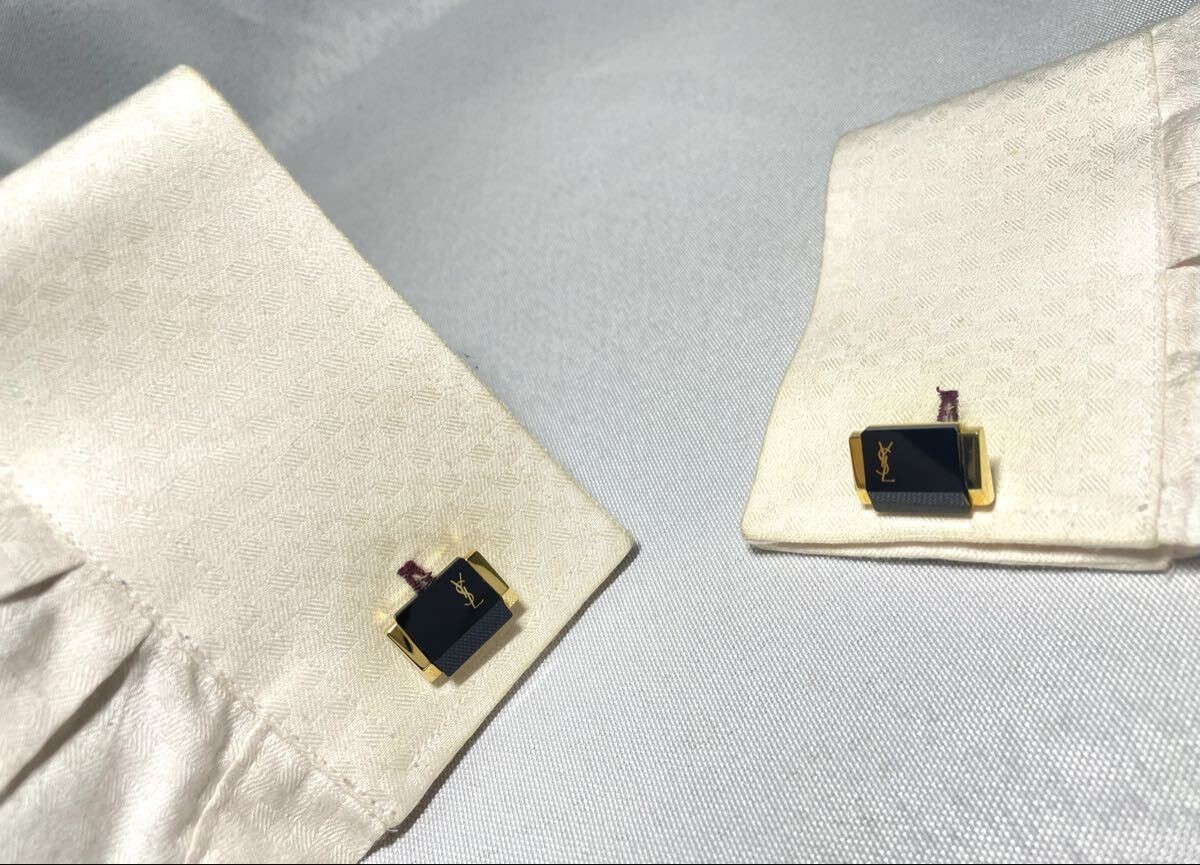 Excellent Condition YVES SAINT LAURENT YSL Logo Black Stone Gold Cufflinks Tie P
