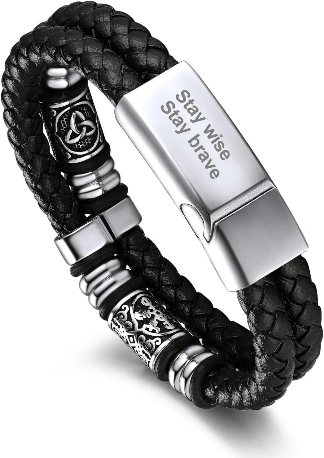 Men Black Double Wax Rope Bracelet Waterproof Stainless Steel Celtic Knot 7 9…