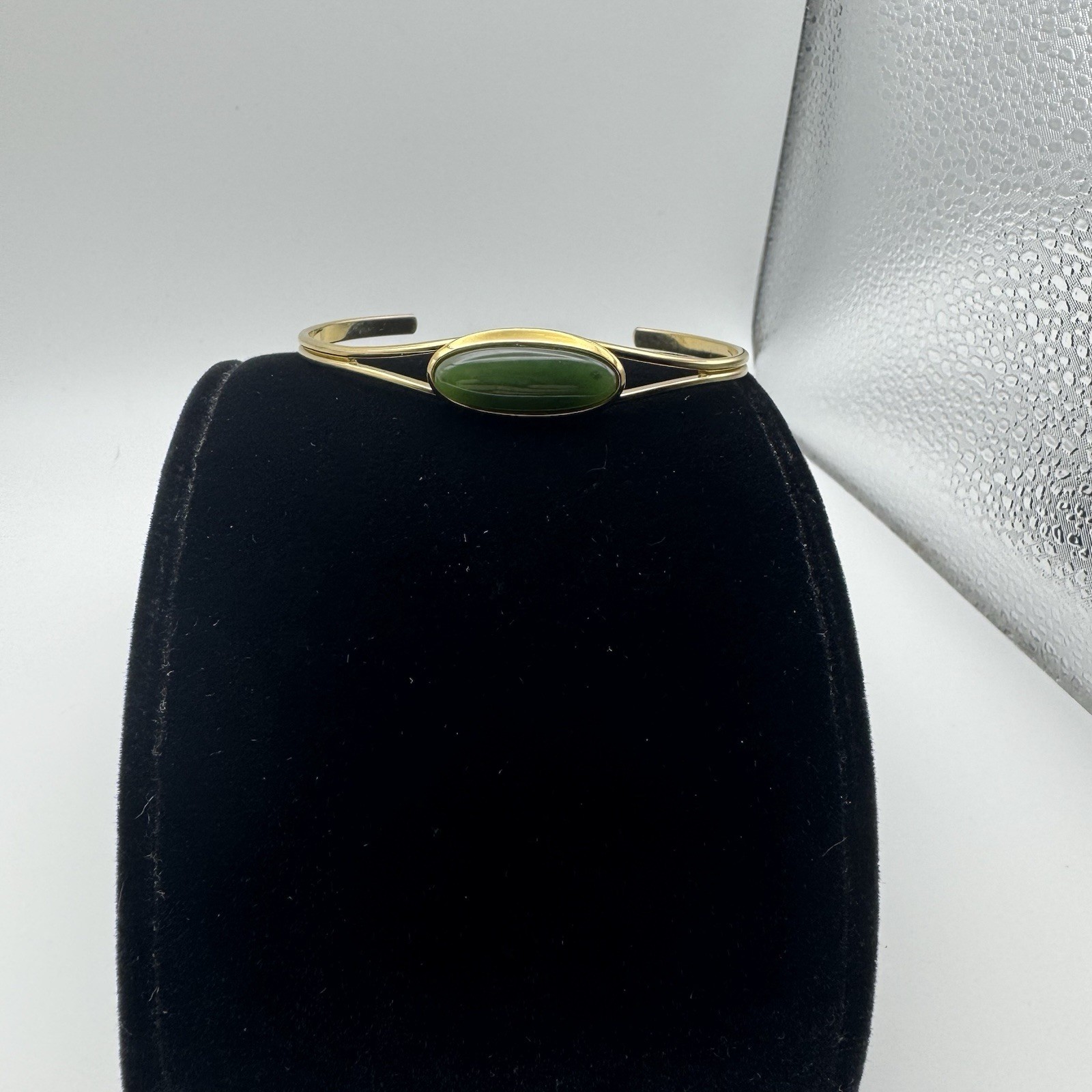 Goldtone Metal Green Bead Bangle Open Back Cuff Bracelet.