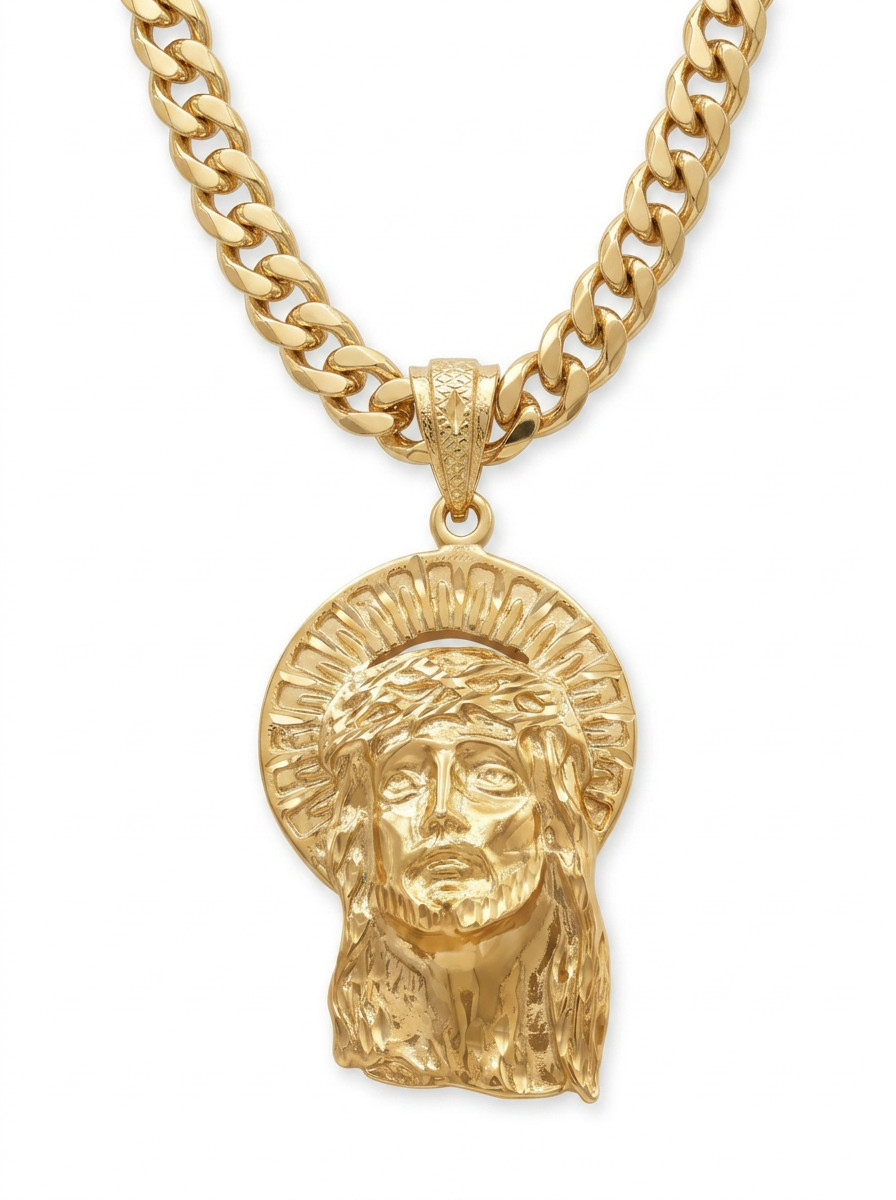 Jumbo Jesus Necklace, 14k Heavy Gold Plated, 10mm Cuban Style Chain