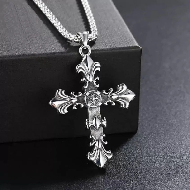 Mens Stainless Steel Cross Necklace Bracelet Set Vintage Silver Jewelry