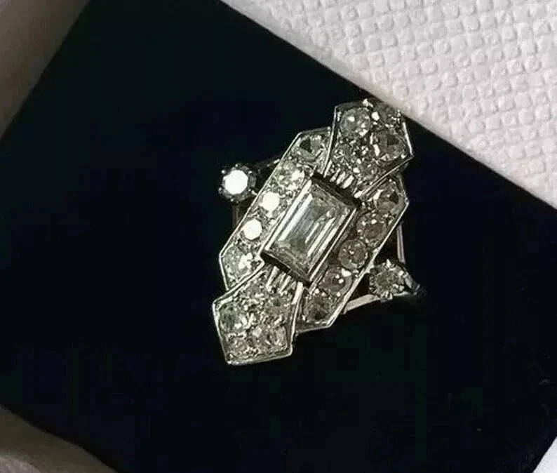 Art Deco Vintage Style Lab Created Diamond Engagement 14K White Gold Finish Ring