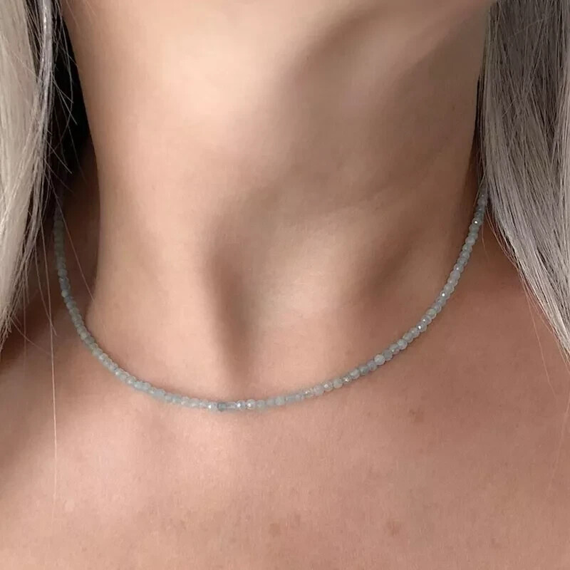2mm Blue Aquamarine Beads Choker Healing Delicate Crystal Women’s Necklace