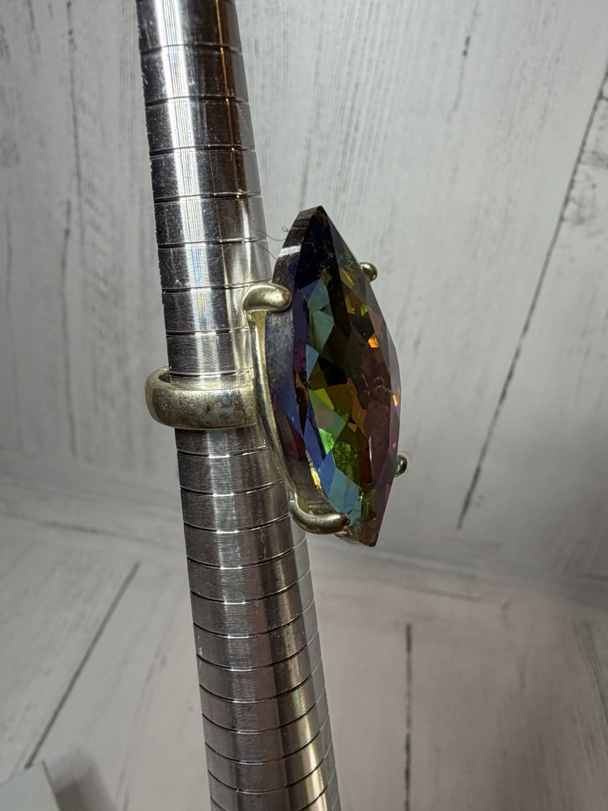 Large Rainbow Foil Backed Crystal Pear Cut Silver Tone Statement Ring Size 5
