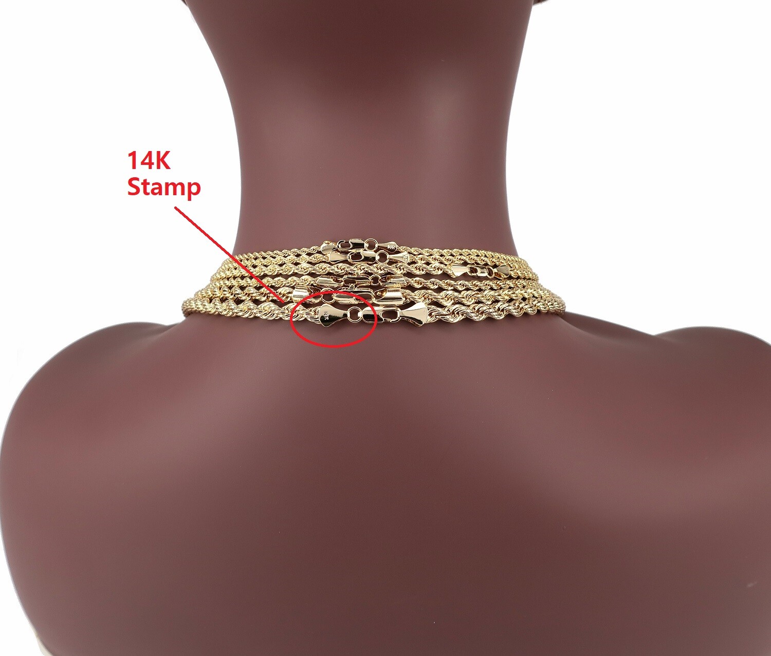 Men’s 14k Rope Chain Necklace Bracelet 2mm 3mm 4mm 5mm 6mm Yellow Gold Plated