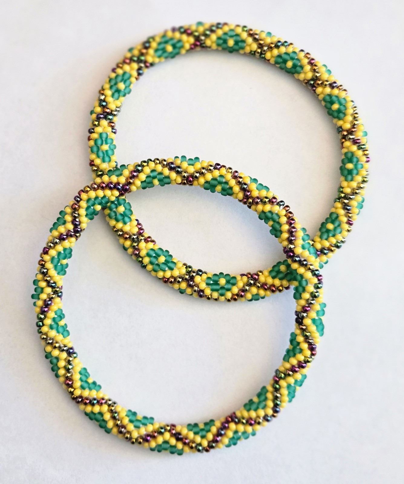 Set of 2 Handmade Glass Seed Bead Crochet Bracelets Solid Color Boho Nepal Bangl