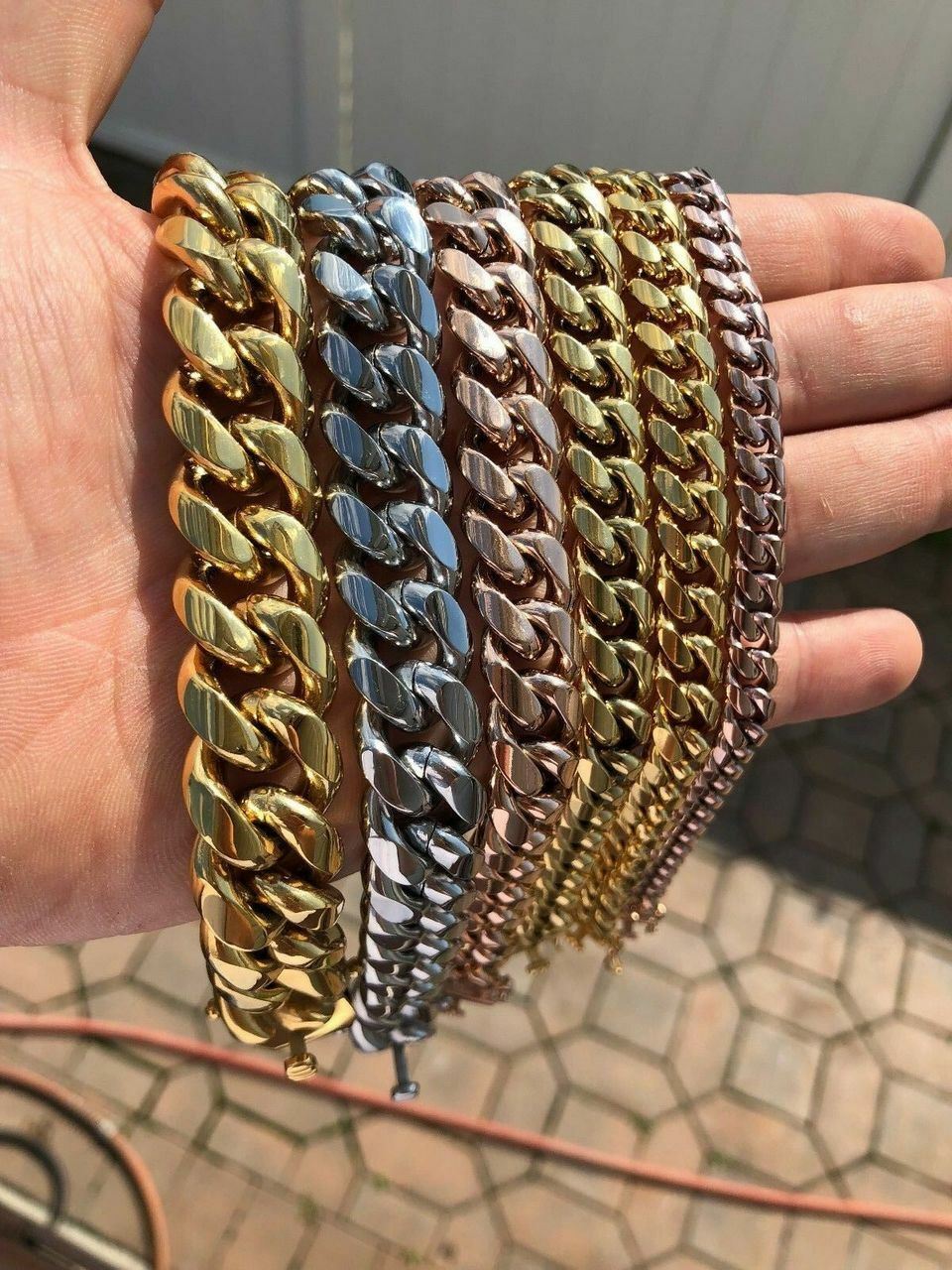 Miami Cuban Link Bracelet 14k 18k Yellow Rose Silver Gold Plated Stainless Steel