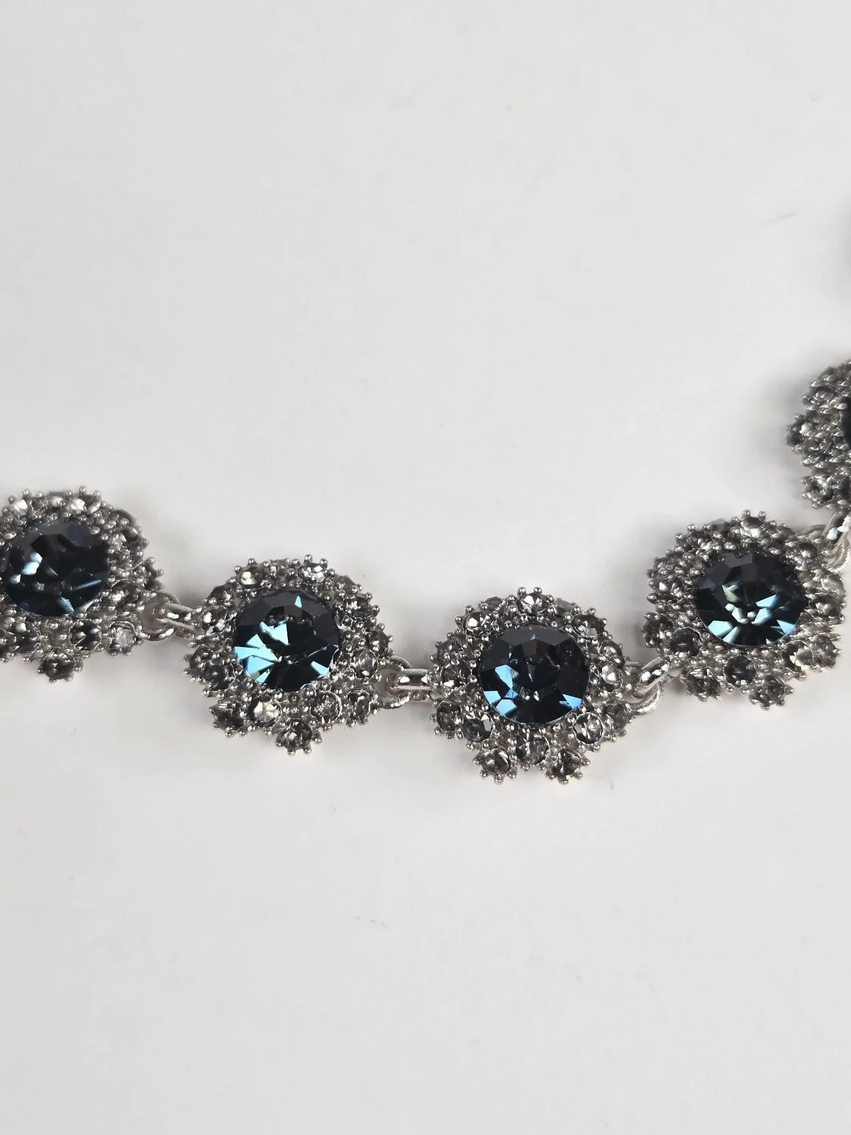 Blue Rhinestone Necklace Victorian Style 16 In Statement Special Occasion Silver