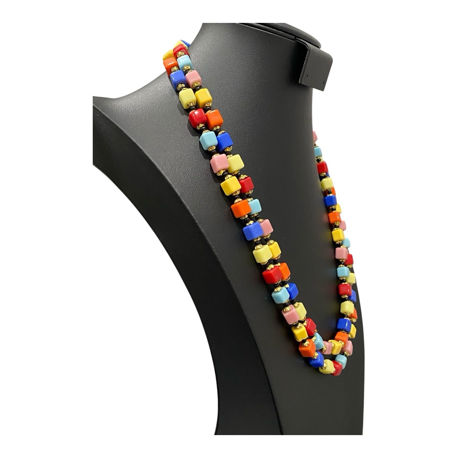 Vtg 1930s Czech Harlequin Glass Cube Bead Flapper Rope Necklace Art Deco 49″