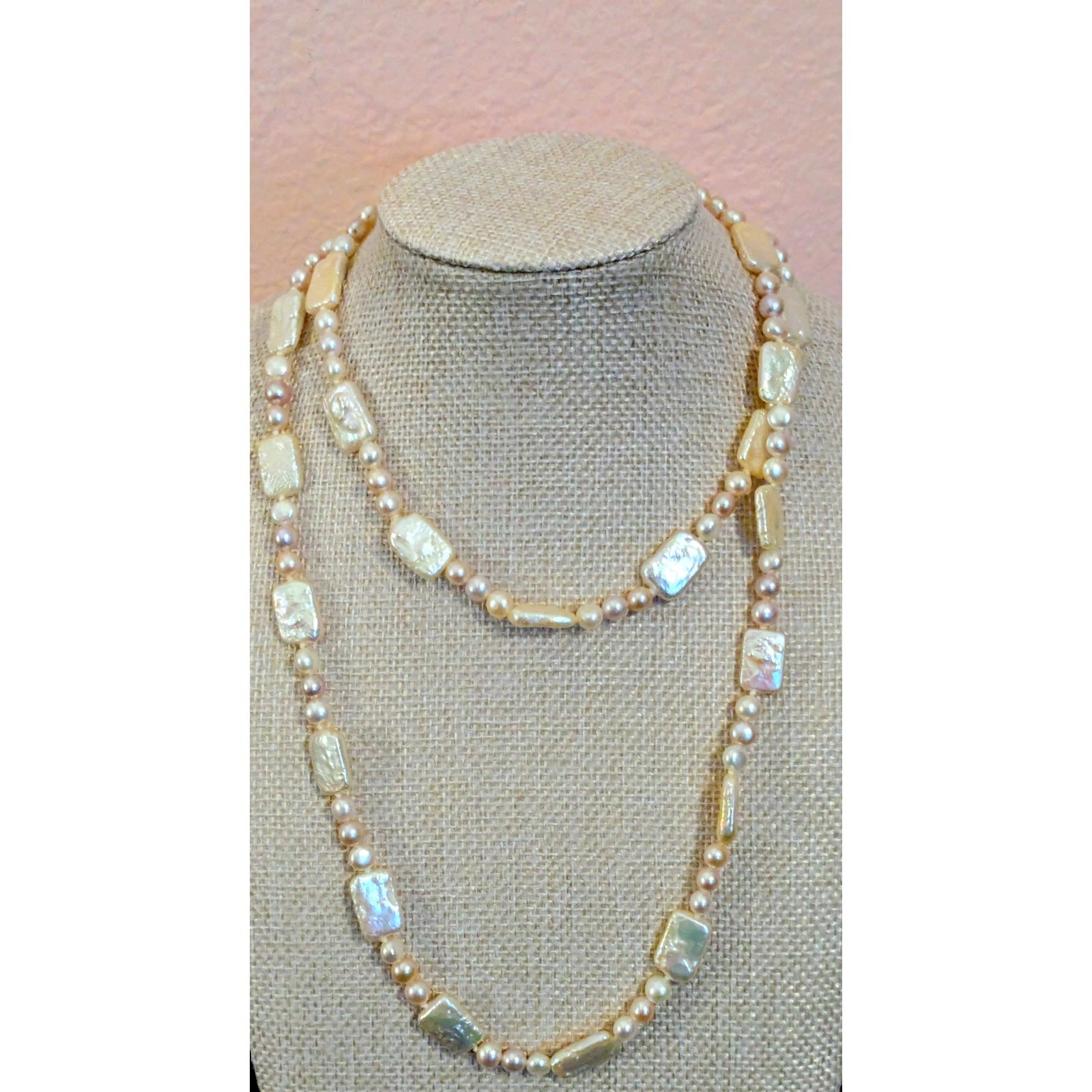 Vintage 45″ Long Faux Pearl Necklace Chunky Faceted Geometric Beads Opera Strand