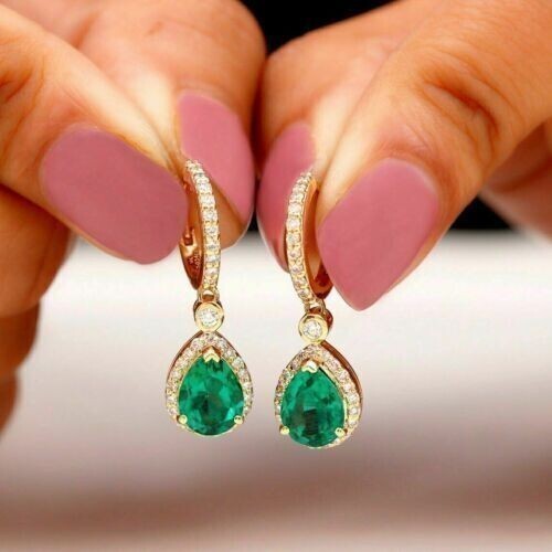 2Ct Pear Cut Simulated Emerald Halo Drop Clip On Earring 14K Yellow Gold Plated