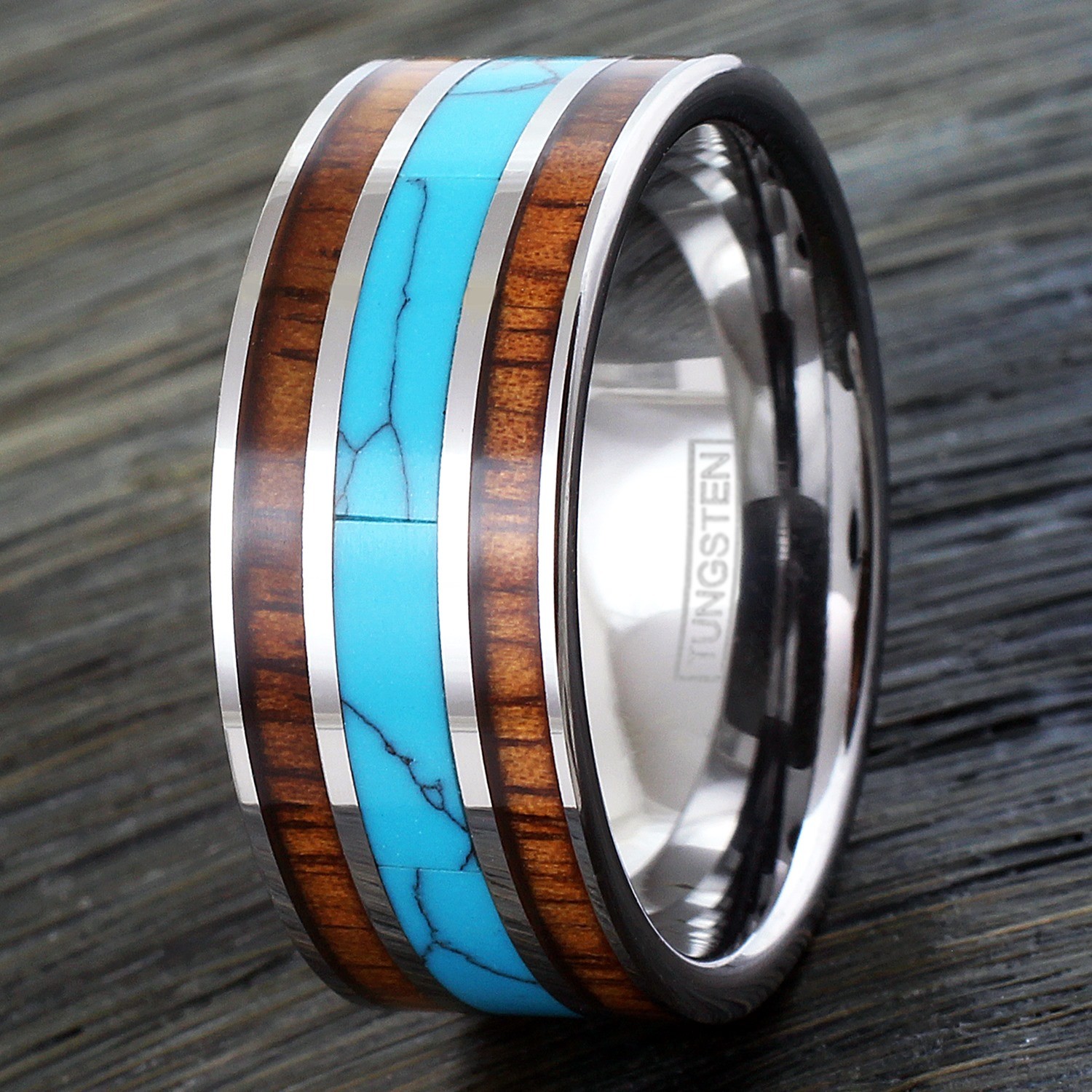 10mm Tungsten Men’s Turquoise and Double Hawaiian Koa Wood Wedding Band