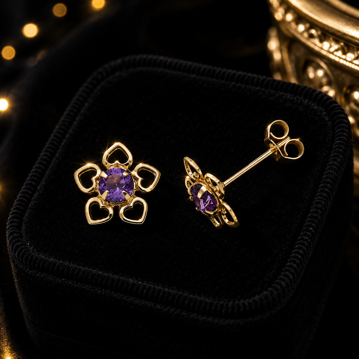 Amethyst Heart Stud Earrings Yellow Gold Natural Stone 375 Hallmark New Boxed