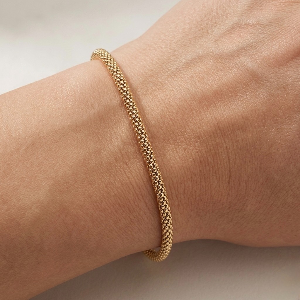 Technibond Smooth Popcorn Coreana Chain Bracelet 14K Yellow Gold Plated Silver
