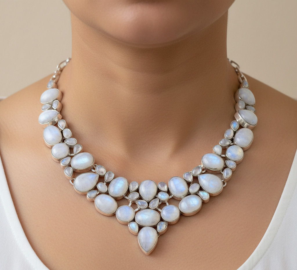 Natural Moonstone Handmade 925 Sterling Silver Jewelry Women Necklace S-18″