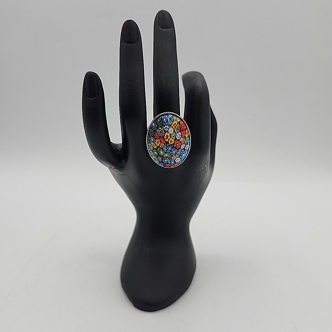 Multicolor Millefiori Murano Glass Stainless Steel Cocktail Ring Size 8, Italy