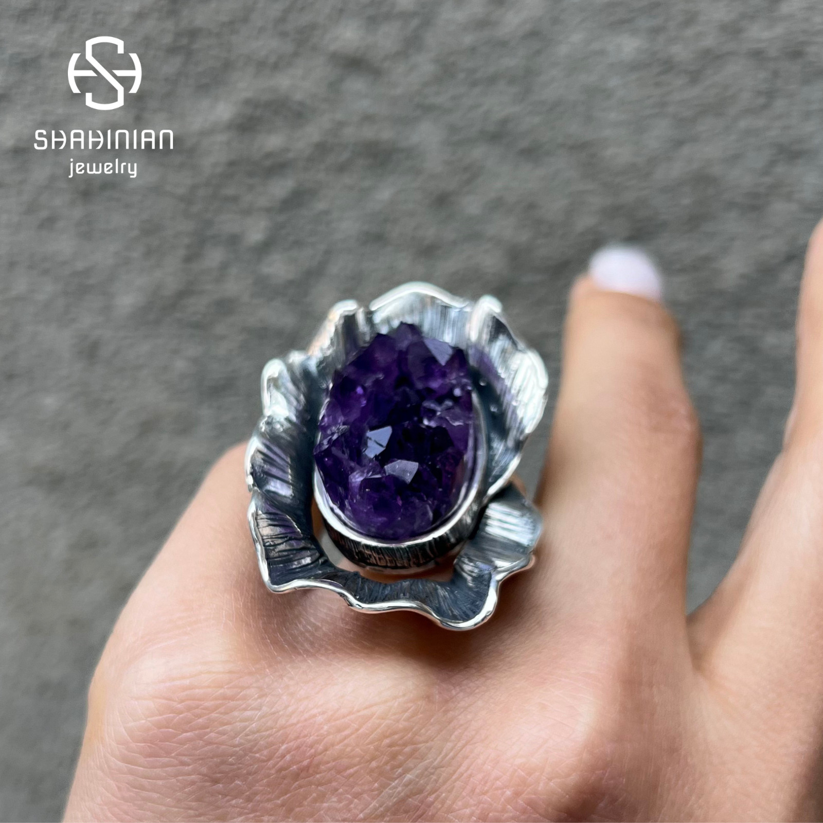 Big flower Raw Amethyst Ring Sterling Silver Purple Druzy large ring, Armenia