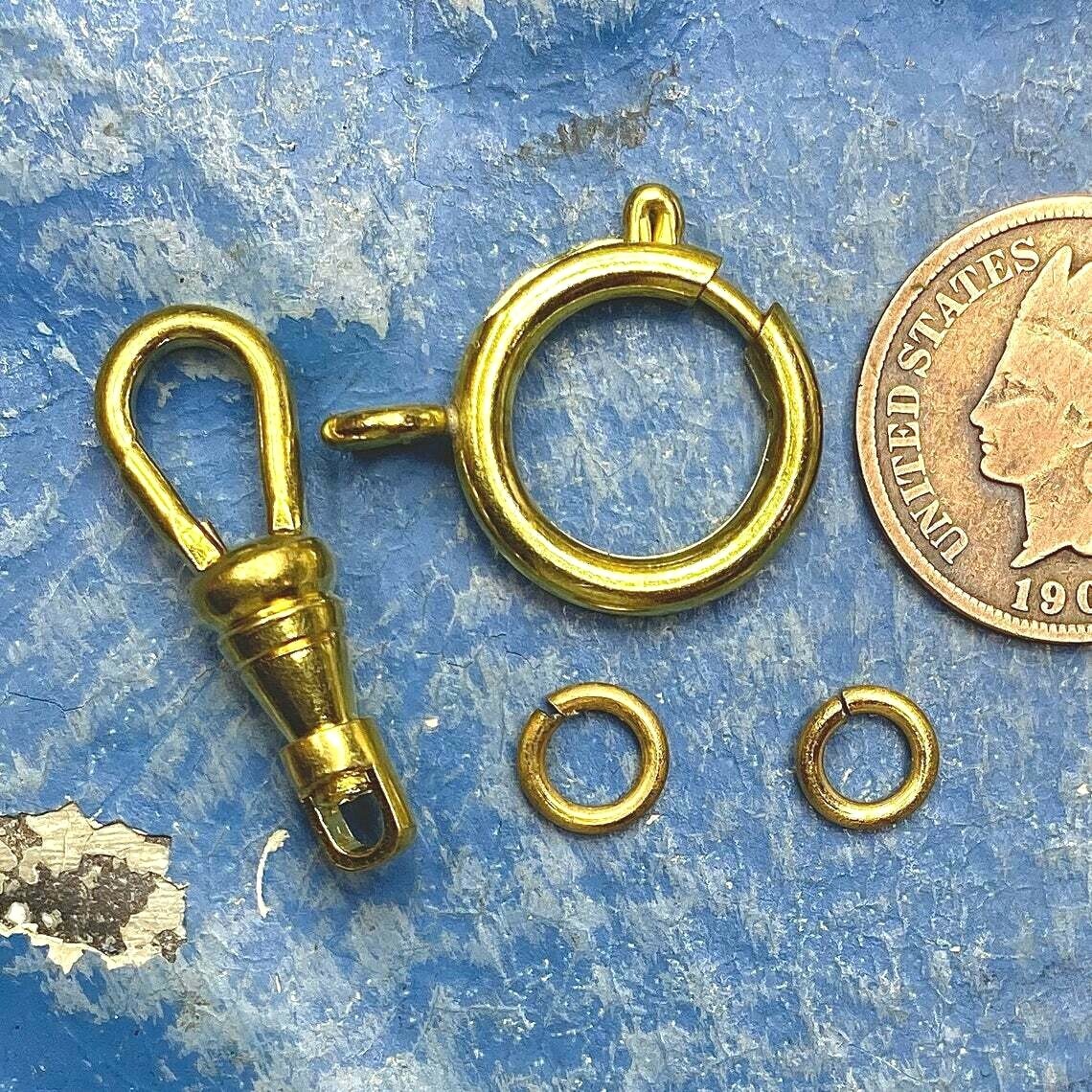 1 Set Gold Tone Spring Ring & Swivel Clip w Jump Rings. Clasps