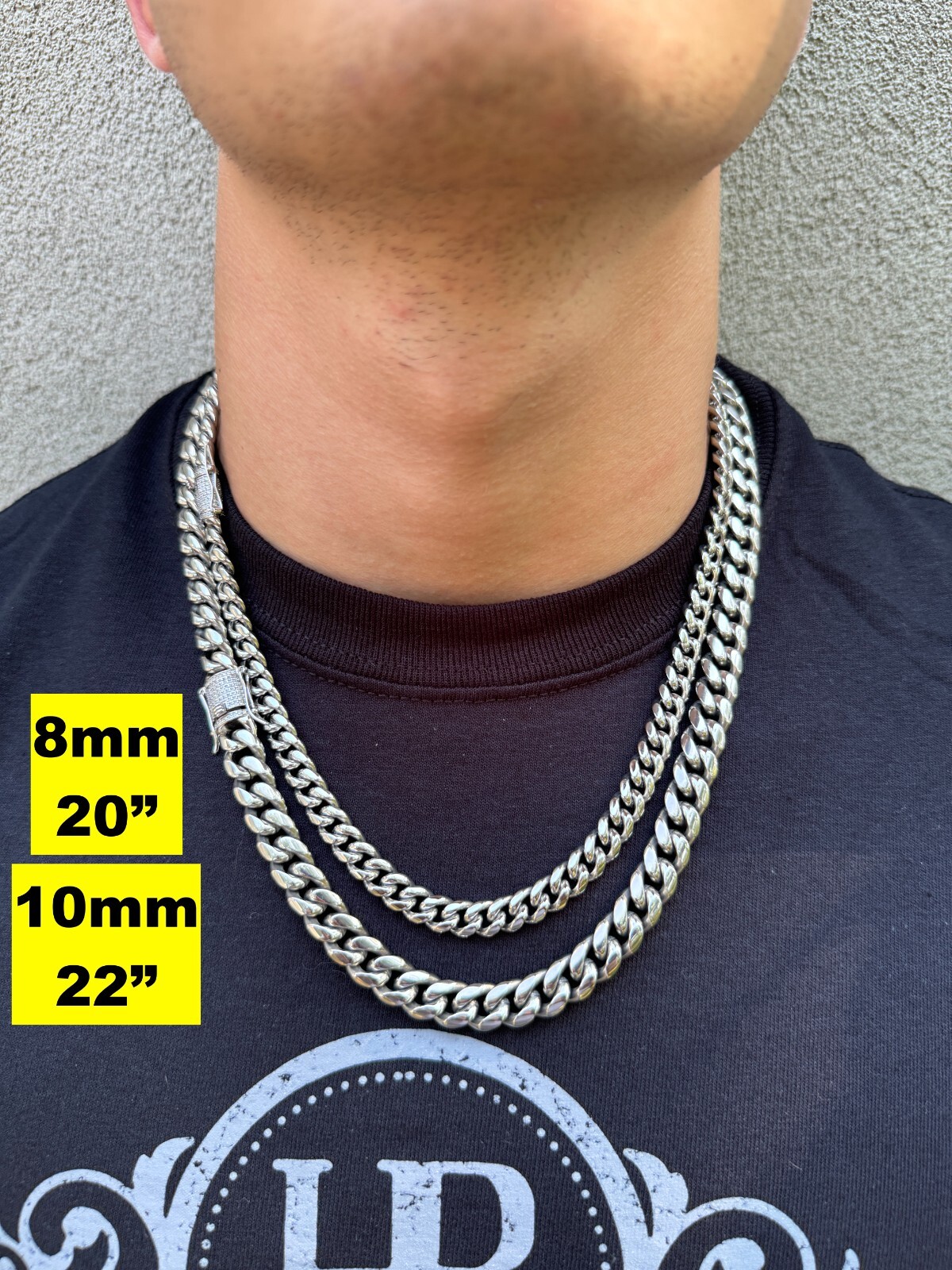 Miami Cuban Link Stainless Steel Chain W. 1ct CZ Iced 925 Silver Clasp 8mm-14mm