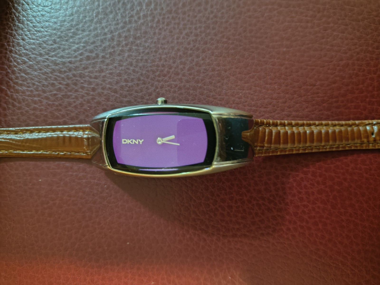 Vintage DKNY Women’s Watch Purple Dial Silver Tonneau Case Brown Leather NY-4019