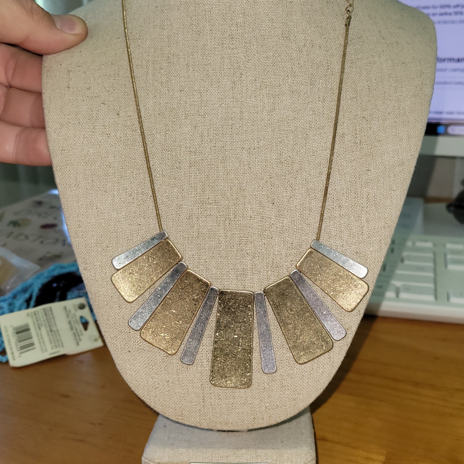 Vintage Two Tone Geometric Bib Necklace Silver Gold Tone Modernist 20″