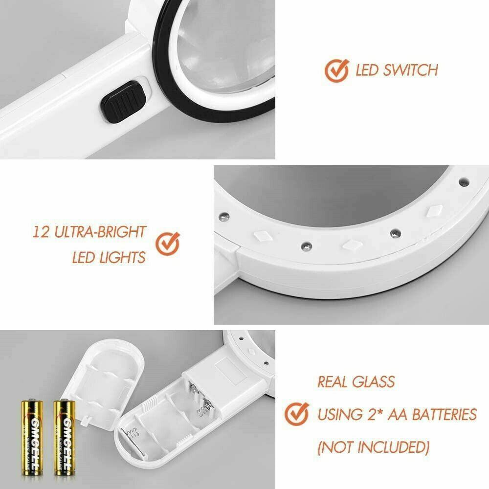 NEW 30X Handheld Magnifying Glass w/ 12 Bright LED Light Illuminated Magnifier
